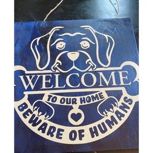 ❕3/$15❕WELCOME door sign 9.5 Square Solid wood stained blue